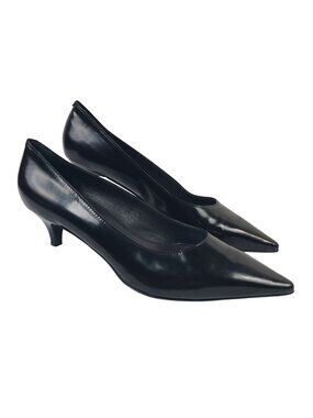 KAMPGEN Italian Handmade Black Leather Pointed Kitten Pump Sz 11-12, EU 43